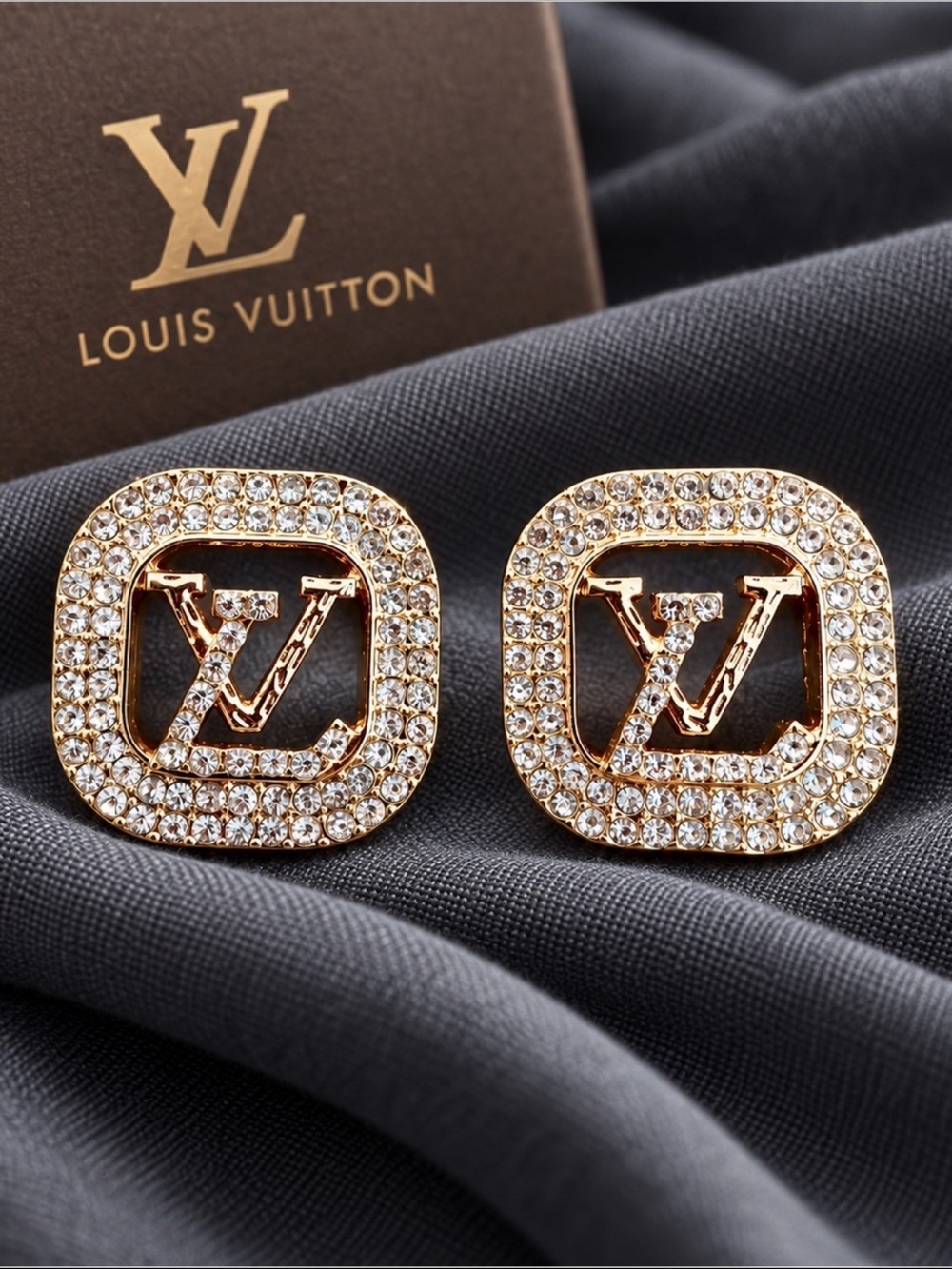 Gold Tone Square Rhinestone Monogram Stud Earrings Pavé Statement Glam
